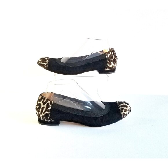 ANYI LU Ballet Flats Black Suede Leopard Calf Hair Sz 38 7.5 Cap Toe Italy - Picture 7 of 12